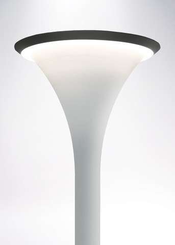 Amerlux touts its new pedestrian lighting, ‘Lunetta,’ for replacing the conventional bright light on a dark pole with a product in which luminaire and pole are illuminated as one. Photo: Amerlux