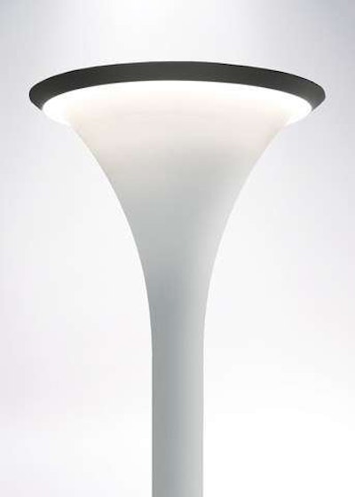 Amerlux touts its new pedestrian lighting, ‘Lunetta,’ for replacing the conventional bright light on a dark pole with a product in which luminaire and pole are illuminated as one. Photo: Amerlux