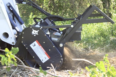 Bobcat says the forestry cutter’s tube-style drum and spiral tooth pattern allow one tooth to engage at a time, so operation is smooth and less horsepower is required to do the job. Photo: Bobcat Co.
