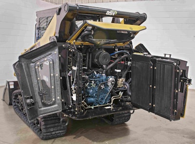 ASV says its new CTL boasts industry-leading serviceability. The VT-70 features a swing-out door and cooling system along with a three-panel hood arrangement that allows access to the engine, filters and other checkpoints. Photo: ASV