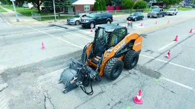 The SV340 skid steer is the largest-ever Case skid steer, beefed up to run high-flow attachments, such as this cold planer, with ease.