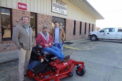 Landscaper Edward Smith sits on the Toro Z Master Professional 6000 Series he won through a Toro giveaway at 2016’s GIE+EXPO and Hardscape North America. At left is Mason Sanders from Toro distributor Jerry Pate Co.; on the right is Glen Pennington from Power Equipment Sales & Service in Tupelo, Mississippi. Photo: The Toro Co.