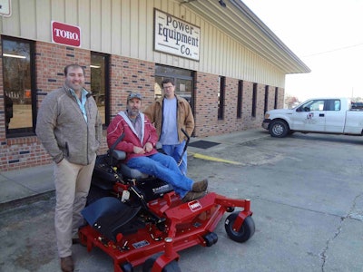 Landscaper Edward Smith sits on the Toro Z Master Professional 6000 Series he won through a Toro giveaway at 2016’s GIE+EXPO and Hardscape North America. At left is Mason Sanders from Toro distributor Jerry Pate Co.; on the right is Glen Pennington from Power Equipment Sales & Service in Tupelo, Mississippi. Photo: The Toro Co.