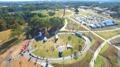 A drone view of the Ellipse during the temporary installation of Amanda Parer’s Intrude. Photo: Courtesy of NCMA