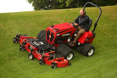Slopes are not an issue for the Steiner 450. It is pictured here using the Flex Deck mowing attachment. Photo: Steiner