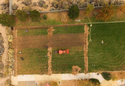 New Mexico State University researchers are conducting an irrigation efficiency study at the city of Albuquerque’s Paradise Meadows Park. While half of the park will use a traditional sprinkler-type watering system (right), NMSU will oversee the other half of the park, on which a subsurface drip irrigation system has been installed (left). Photo: New Mexico State University