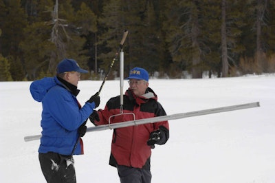 Snow surveyors with the California Department of Water Resources perform surveys to determine the snow-water content level. Photo: California Department of Water Resources