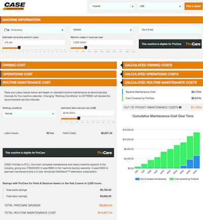 The user can adjust the amount of ownership years and annual hours run with the calculator. Photo: CASE Construction Equipment