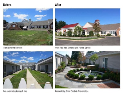 Landscape redesign, construction and installation comprised a substantial share of the comprehensive restoration of a 1970s-era senior housing development. These before-and-after shots provide a feel for the scope of the project, which was overseen by Pike Development Co. of Paterson, New Jersey. Photo: PRNewswire/Pike Development Co.