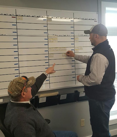 Hayden McLaughlin, owner of Belknap Landscape, and Mark Smith, project manager, add Job Cards to the project scheduling board in preparation for the spring season. Photo: Belknap Landscape