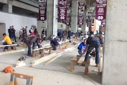 Students work on building a bench during the wood construction competition at NCLC 2016. Photo: Jill Odom