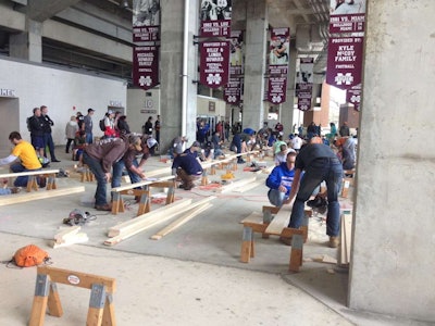 Students work on building a bench during the wood construction competition at NCLC 2016. Photo: Jill Odom