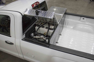 This tank provides 100 gallons of diesel and 18 gallons of DEF capacity that fits into the bed of half-ton and larger pickup trucks. Photo: Thunder Creek Equipment