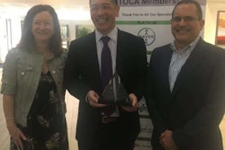 Pictured from left to right are Project EverGreen Executive Director Cindy Code with Dr. Frank Wong, Bayer CropScience, and Jose Milan, Bayer CropScience, following the award presentation at the TOCA Annual Conference. Photo: Project EverGreen