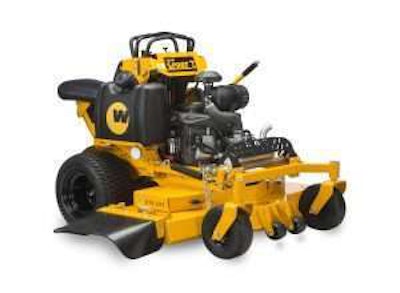 With a fold-away seat, the new compact mower is equipped for both stand-on and seated operation. Photo: Wright Manufacturing
