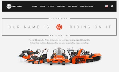 screen shot of Ariens website