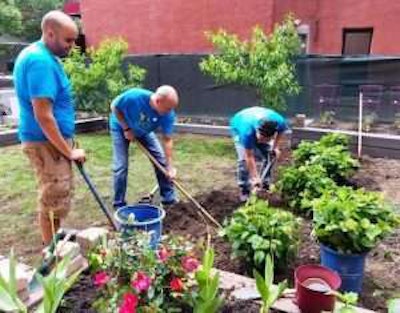 ConEd employee volunteers help plant vegetables, herbs and ornamental plants at the Neighbors of Vega Baja community garden in East Harlem, New York City. Photo: Project EverGreen