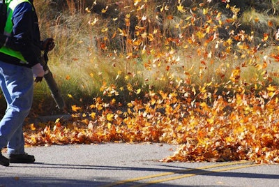 man blowing leaves off road