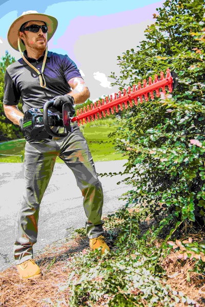 Greenworks’ 82-volt hedge trimmer has a run time of 1.5 hours with a fully charged 2.5Ah battery. Photo: Greenworks