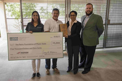 Pictured left to right are Nathalia A. Salas-Restrepo, executive director of Parks Foundation of Miami-Dade County; Gil Degado, Sports Turf and Landscape Maintenance chief; Maria I. Nardi, director of Parks, Recreation & Open Spaces Department; Jeremy Wishart, deputy director, Business Development, Propane Education & Research Council. Photo: PERC