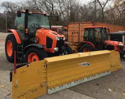 This Kubota M6111 with a Live Edge plow from Metal Pless on it was recently rented out for snow removal work. Photo: Dozr