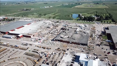 A tornado’s trail of destruction can be traced through the heart of Vermeer’s manufacturing facilities in Pella, Iowa. Photo credit: Still from YouTube drone video uploaded by Monte Goodyk.