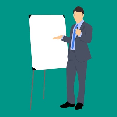 Graphic depicting a business man pointing to a blank chart board