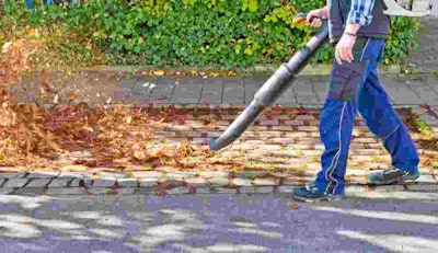 Man leaf blowing leaves on a brick sidewalk