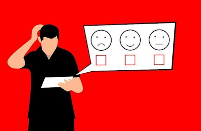 Illustration of man looking at happy face, sad face, and straight face