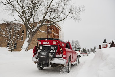 For those just getting into material spreading, a traditional spreader is the more entry-level option. Photo: Boss Snowplow