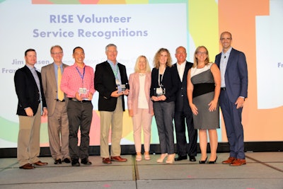The RISE Advocacy Strategic Driver Award was presented to the Label Workshop Planning Workgroup during the Association’s joint annual meeting held with CropLife America (CLA) in Amelia Island, Fla., Sept. 23-26, 2018. Pictured from left, Mike Parrish, Bayer; CLA President/CEO Chris Novak; Frank Wong, Bayer, outgoing chair of Legislative Affairs Committee; Jim Jensen, Nufarm Americas, Inc., outgoing chair of Communications Committee; CLA Board Chair Susanne Wasson, Corteva Agriscience; Jill Holihan, FMC Corporation, outgoing chair of Regulatory Affairs Committee; RISE Governing Board Chair Darren Horst, Central Garden & Pet; Karen Larsen, co-chair RISE Strategic Oversight Council, Clarke; and RISE President Aaron Hobbs. Photo: RISE