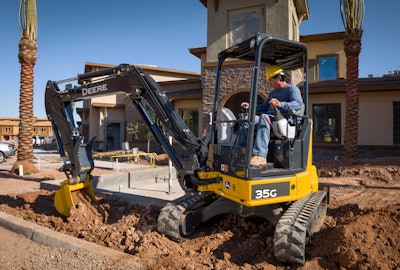 The Deere 35G features auto-idle that slows engine speed when the pilot-control levers are momentarily released – for reduced fuel consumption and noise. Photo: John Deere