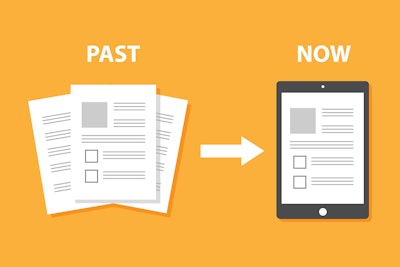 Past represented by paper work, shifting to now as technology