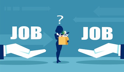 Person choosing between two open hands, each offering a job