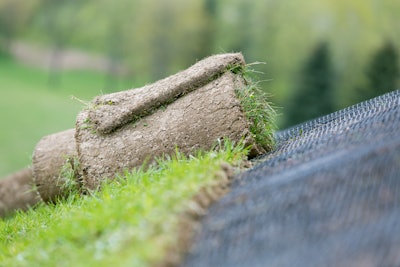 Sod being unrolled on a slope