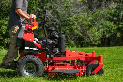 Stand-on mowers allow landscapers to fit more machines on their trailers with their smaller footprint. Photo: Gravely