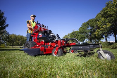 Toro’s GrandStand Multi Force adds versatility to mowers, thanks to its lineup of attachments. Photo: Toro