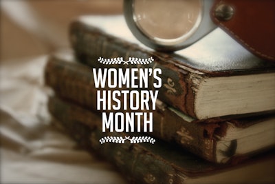 stack of old books with Women’s History Month text graphic