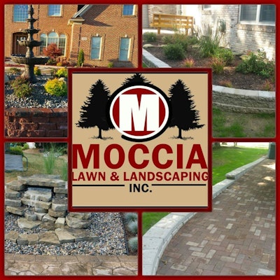 moccia lawn & landscaping inc. logo surrounded by water features, landscaped yards, hardscaping, and pavers