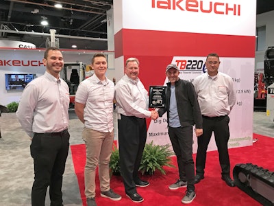 Pictured are (from left to right) Robert Vistad, Takeuchi regional business manager (RBM) West Region; Brendan Green, Feenaughty GM; Hampton Wideman, Takeuchi RBM SW Region; Randy Harris, Feenaughty president; and Mike Schebetka, Takeuchi RBM West Region. Photo: Takeuchi-US