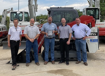 Pictured are, from left to right, Mark Barndollar; Eric Marburger, vice president and general manager at Groff Tractor Mid Atlantic; Jason Bouma, general manager at Groff Tractor Mid Atlantic; John Vranches, Takeuchi; and Patrick Sherwood, president/COO at Groff Tractor Mid Atlantic. Photo: Takeuchi