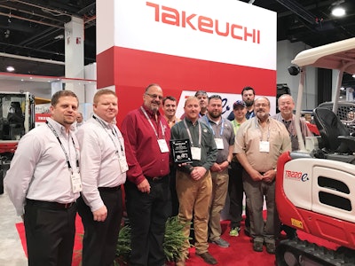 Pictured are, from left to right, Sam Schneider, Takeuchi Central Midwest regional product manager; Shay Klusmeyer, Takeuchi Central Midwest regional business manager; Bruce Bowman, president of Star Equipment; Kevin Arens, Star Equipment; Remington Lawyer, Star Equipment; Scott Thompson, Star Equipment; Jared Vaske, Star Equipment; Wade Snyder, Star Equipment; Mitch McDonough, Star Equipment; Brad Bowman, Star Equipment; and Brett Bowman, Star Equipment. Photo: Takeuchi