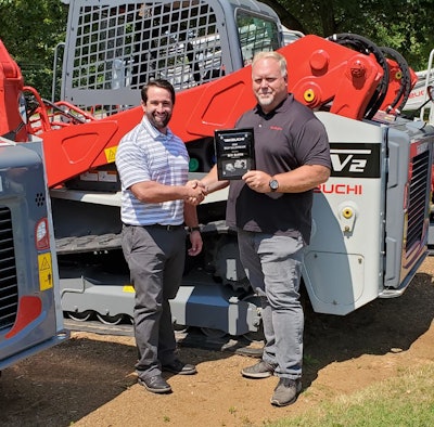 Pictured are (from left to right) Steve DePriest, Takeuchi RBM SE Region, and Bill Smith, sales representative for Cobb County Tractor. Photo: Takeuchi-US