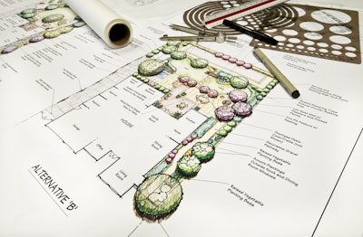Alternative landscape design plan for a residential house and drawing tools