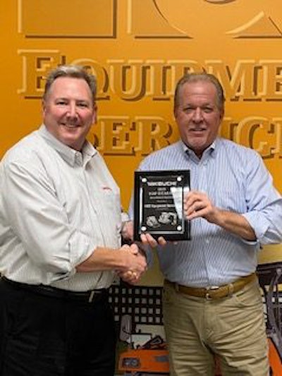 Pictured are, from left to right, Hampton Wideman, Southwest Region Business Mgr., Takeuchi – Bobby Slay, Senior VP of Construction, H&E Equipment. Photo: Takeuchi