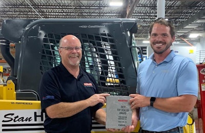 Ken Mazourek (left), equipment manager at Stan Houston Equipment Co., and Caleb Hinkkanen (right), regional sales manager of Manitou North America, accept Gehl’s 2019 Top Dealer Award. Photo: Manitou Group