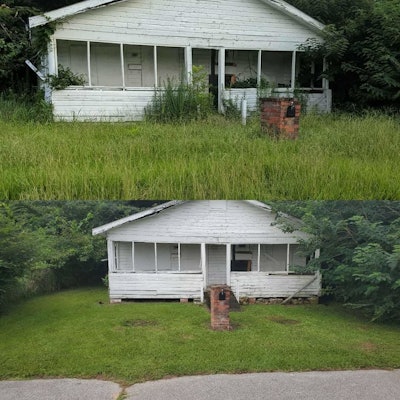 Before and after of landscaping overgrown yard