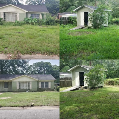 Overgrown residential lawn before and after Green Magic Landscape performed landscaping services