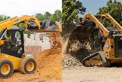 CAT skid steer and a CAT compact track loader dumping their buckets of dirt