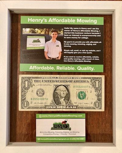 henry's affordable mowing's first dollar on display
